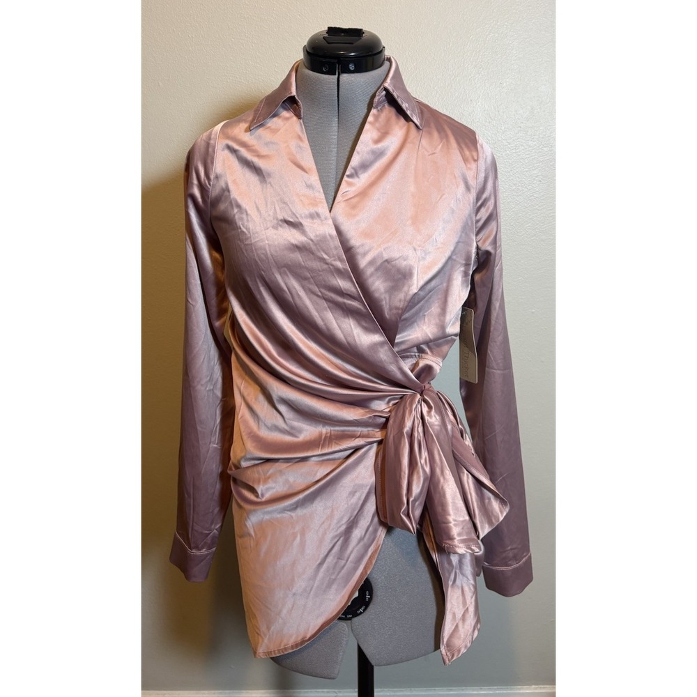 Big Water Blue Sky S Pink Satin Wrap Blouse Tie Front Y2K Chic Romance Ballet